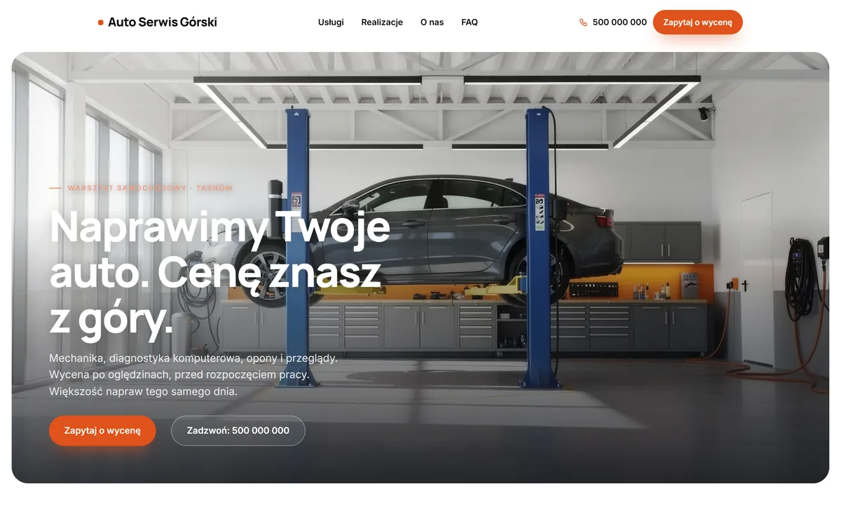 Projekt demo: strona warsztatu samochodowego z nagłówkiem „Naprawimy Twoje auto. Cenę znasz z góry.”
