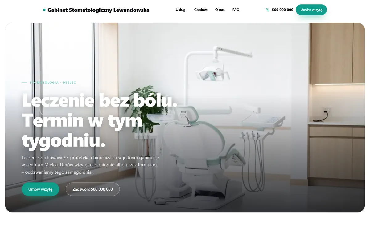 Projekt demo: strona gabinetu stomatologicznego z nagłówkiem „Leczenie bez bólu. Termin w tym tygodniu.”