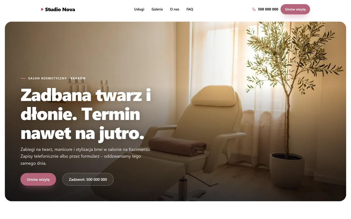 Projekt demo: strona salonu kosmetycznego z nagłówkiem „Zadbana twarz i dłonie. Termin nawet na jutro.”